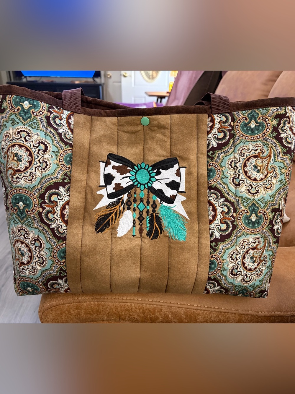 Embroidered Feather Bow Tote Bag - Brown and Turquoise